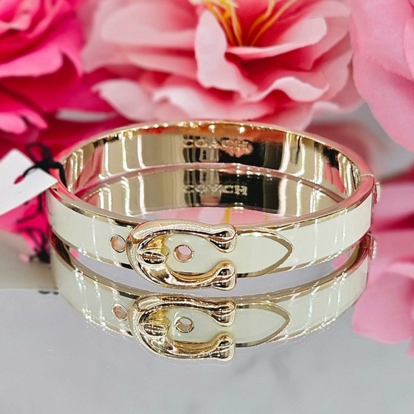 Coach Bracelet Gold Tone Enamel Buckle Hinge Bangle Logo Push Clasp Classic Gift - Picture 2 of 5